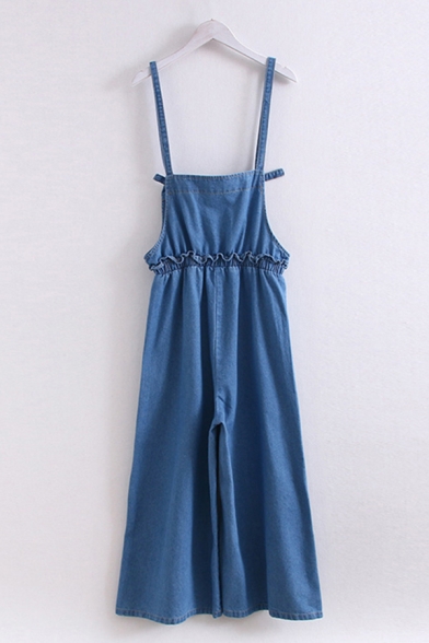 Chic Ladies Overalls Solid Color Stringy Selvedge Pleated Elastic Bow Full Length Denim Overalls