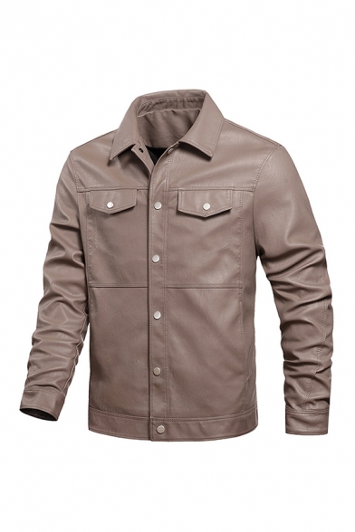 Classic Mens Jacket Solid Color Flap Pockets Button up Turn-down Collar Long Sleeve Regular Fit Leather Jacket