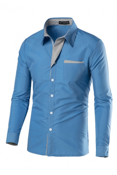 Classic Mens Shirt Stripe Panel Edging Button up Turn-down Collar Long Sleeve Slim Fitted Shirt with Chest Pocket