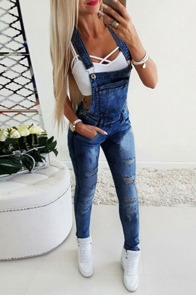 Classic Womens Denim Overalls Medium Wash Distressed Ankle Length Slim Fitted Tapered Denim Overalls