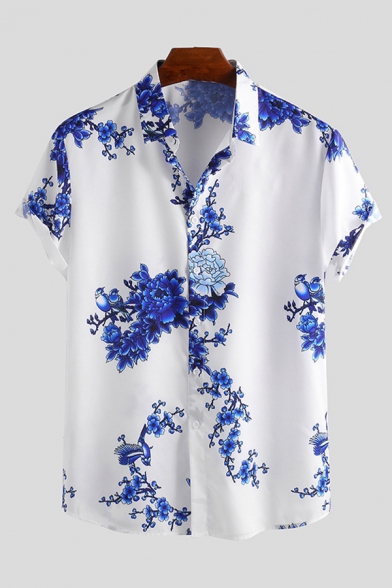 Cool Mens Shirt Peony Magpie Plum Blossom Pattern Button up Turn-down Collar Short Sleeve Regular Fit Shirt