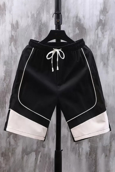 Cozy Shorts Colorblock Stitch Pocket Drawstring Cuffed Mid Rise Regular Fitted Shorts for Men