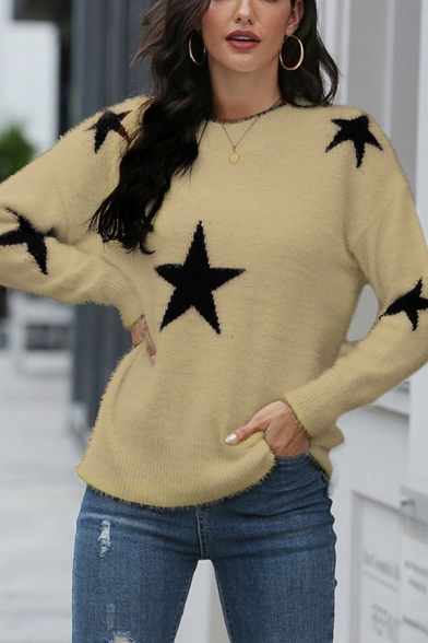 Cozy Womens Star Print Crew Neck Long Sleeve Relaxed Eyelash Sweater Top