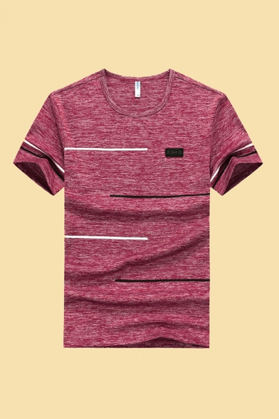 Dressy Mens T-Shirt Space Dye Striped Applique Short Sleeve Round Neck Fitted T-Shirt