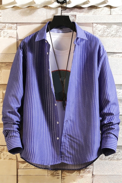 Fancy Mens Shirt Striped Pattern Button up Long Sleeve Button Spread Collar Regular Fit Shirt