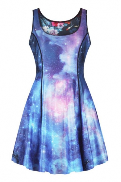 Fashion 3D Blue Galaxy Pattern Reversible Scoop Neck Mini A-Line Tank Dress for Women