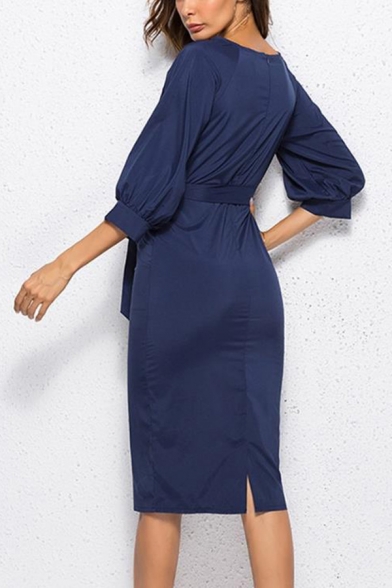 Fashion 3/4 Length Sleeve Round Neck Belt Waist Plain Midi Pencil Dress with Pockets