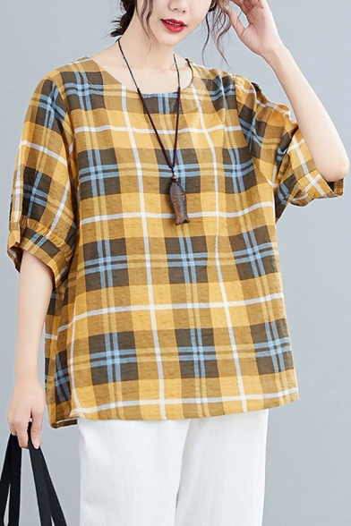 Fashion Womens Plaid Printed Linen and Cotton Half Sleeve Round Neck Loose Fit T Shirt