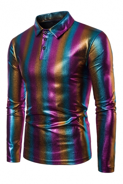 Men's Fashion Polo Shirt Shiny Multicolored Print Spread Collar Button Detail Long Sleeves Slim Fit Polo Shirt