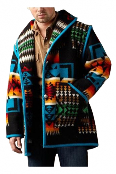 Mens Coat Creative Binding Detail Triangle Pattern Wide Lapel Collar Button down Long Sleeve Regular Fit Woolen Coat