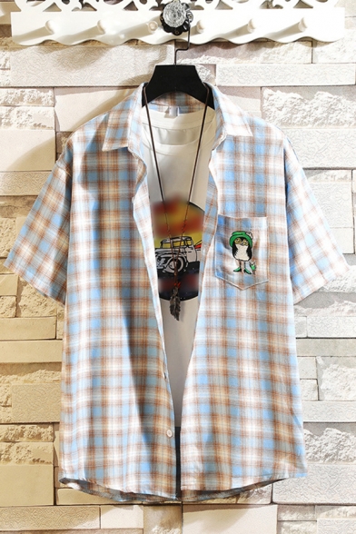 Mens Shirt Chic Plaid Pattern Cartoon Animal Embroidered Button up Turn-down Collar Short Sleeve Relaxed Fit Shirt