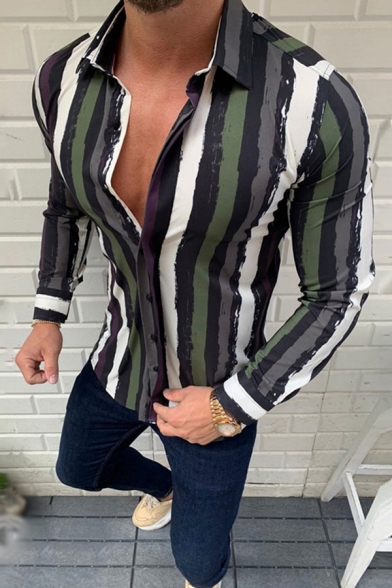 Mens Shirt Fashionable Vertical Striped Painting Button-down Long Sleeve Turn-down Collar Slim Fitted Shirt