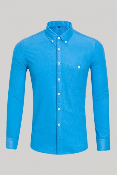 Mens Shirt Trendy Solid Color Chest Pocket Long Sleeve Button down Collar Slim Fitted Shirt