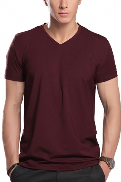 Mens T-Shirt Fashionable Plain Modal V Neck Short Sleeve Slim Fitted T-Shirt