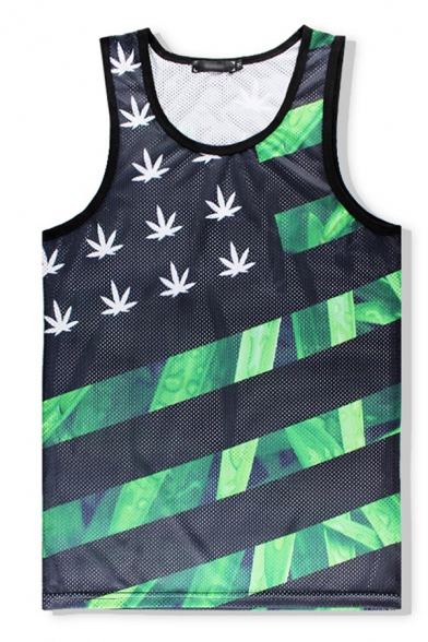 Mens Tank Top Stylish Weed Leaf Printed Breathable Mesh Sleeveless Regular Fitted Crew Neck Tank Top