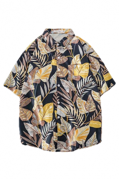 Mens Tropical Style Shirt Leaves Print Button up Loose Fit Half Sleeve Point Collar Shirt with Chest Pocket