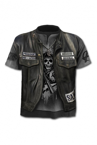 New Stylish 3D Skull Jacket Printed Grey Round Neck Short Sleeve Casual T-Shirt