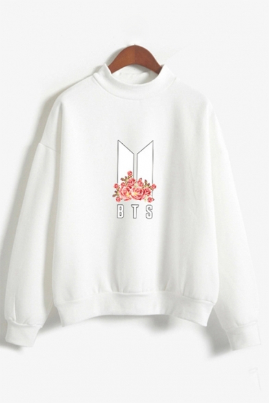 New Stylish Kpop Logo Floral Printed Mock Neck Regular Fitted Sweatshirt