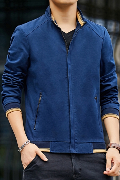Novelty Mens Jacket Contrast Stripe Trim Zipper-down Long Sleeve Turn-down Collar Slim Fitted Varsity Jacket