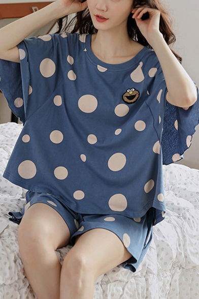 

Pop Ladies Polka Dot Cartoon Printed Lettuce Trim Crew Neck Bell Half Sleeve Plus Size Tee Top & Shorts Pajama Set in Blue, LM686298