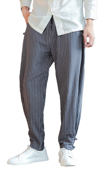 Popular Mens Stripe Printed Frog Button Detail Drawstring Waist Cuffed Tapered Fit Trousers