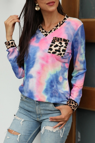 

Popular Womens Leopard Tie Dye Printed Long Sleeve V-neck Chest Pocket Relaxed T Shirt, Blue;green;pink, LM685895