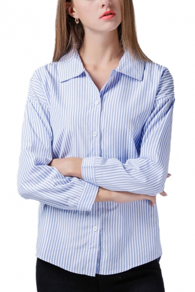 Popular Womens Striped Printed Button up Turn-down Collar Long Sleeve Regular Fit Shirt