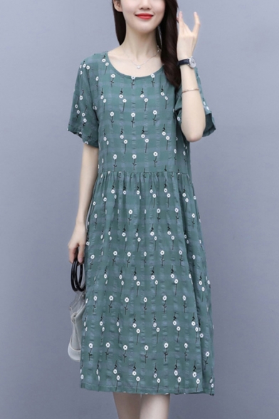 Pretty Ditsy Floral Printed Gathered Waist Pleated Crew Neck Short Sleeve Midi A-Line Dress for Women