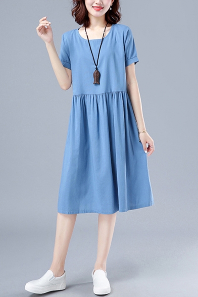 Simple Girls Linen and Cotton Roll Up Sleeve Round Neck Mid Pleated Swing Dress