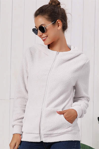 Simple Plain Long Sleeve Fluffy Teddy Zip Up Hoodie With Pockets