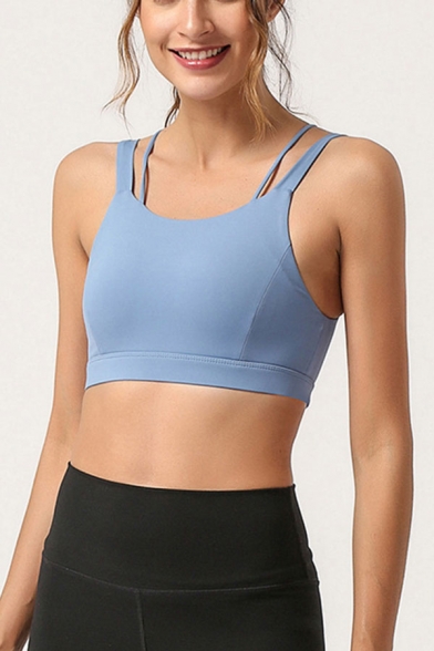 Solid Color Strappy Hollow Out Back Sleeveless Slim Fit Cropped Yogo Tank Top for Women