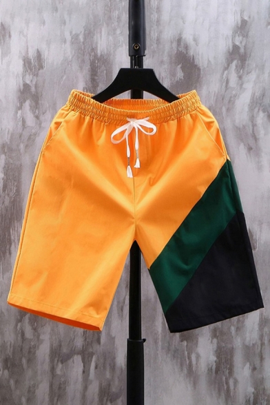 Sporty Shorts Colorblock Pocket Drawstring Cuffed Mid Rise Fitted Shorts for Men