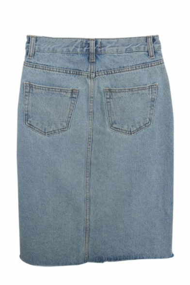 Summer High Waist Fashion Split Front Raw Hem Midi Blue Pencil Skirt Denim Skirt