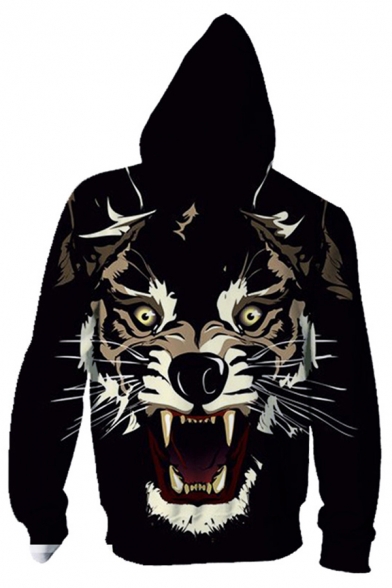 Trendy Mens Hooded Sweatshirt Wolf Abstract Fire 3D Pattern Zipper Drawstring Pockets Long Sleeve Regular Fitted Hooded Sweatshirt