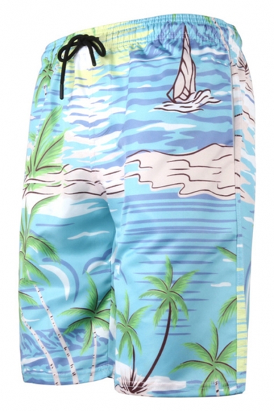 Tropical Style Shorts Coconut Tree Wave Flamingos 3D Printed Pockets Drawstring Knee Length Straight Fit Relaxed Shorts for Men