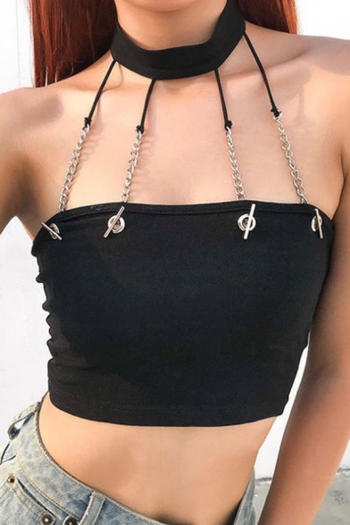 Unique Gothic Sleeveless Choker Chain Slim Fit Black Crop Tee for Party Girls