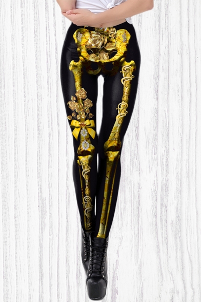 Unique Womens Leggings Floral Rose Bone Bow 3D Pattern Skinny Fit Full Length Leggings