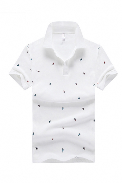 Vintage Mens Polo Shirt Sailing Boat Pattern Button Detail Short Sleeve Turn-down Collar Slim Fit Polo Shirt