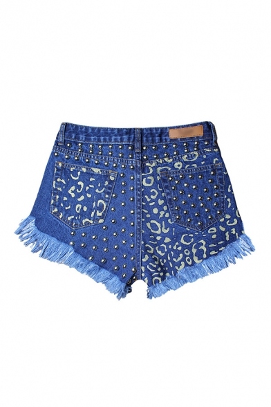 Vintage Womens Blue Shorts Abstract Pattern Rivet Decoration High Waist Fringe Hem Zipper Fly Regular Fitted A-Line Denim Shorts