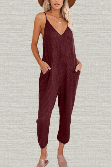 Vintage Womens Jumpsuits V-Neck Regular Fitted Spaghetti Strap Tapered Capri Jumpsuits