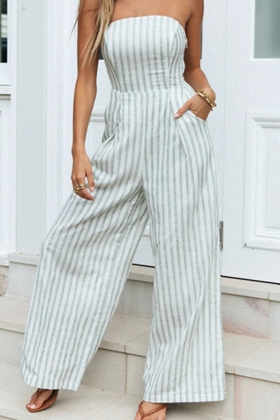 Vintage Womens Jumpsuits Vertical Striped Printed Lace-up Back Loose Fitted Strapless Wide Leg Jumpsuits