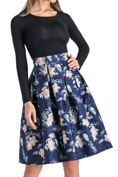 Women's Fancy Skirt Leaf Floral Pattern Jacquard High Waist Pleated Detail Zip Fly Knee Length A-Line Skirt