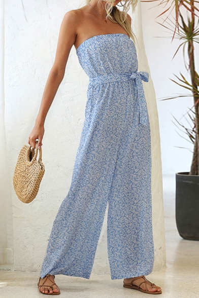 Womens Blue Jumpsuits Creative All-over Leaf Printed Bow-Knot Waist Strapless Full Length Loose Fitted Sleeveless Wide Leg Jumpsuits