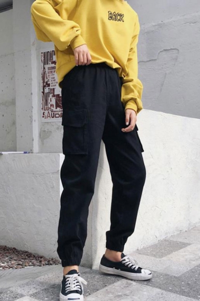 Womens Cool Unique Fashion Plain Elastic Waist Pocket Side Ankle Grazer Cargo Pants