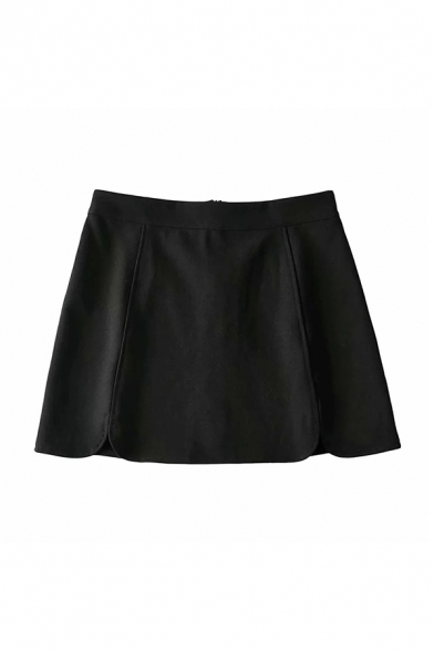 Womens Fashion Short Skirt Solid Color Split Pleated Detail Zip Fly High Rise A-Line Skirt