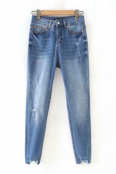 Womens Jeans Chic Blue Medium Wash Ripped Zipper Fly Ankle Length Slim Fit Tapered Jeans
