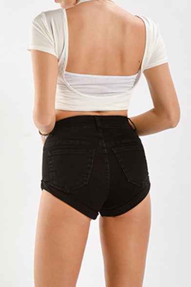 Womens Shorts Black Stylish Plain Distressed Rolled Cuffs High Waist Single-Breasted Slim Fitted Denim Shorts