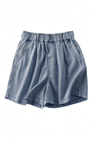 Womens Shorts Creative Tencel Twill Flap Pocket Decoration High Elastic Waist Regular Fitted Denim Shorts