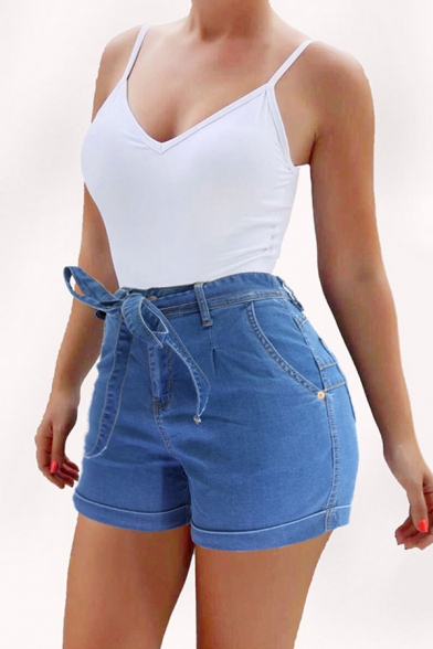 Womens Shorts Simple Dark Wash Rolled Cuffs Mention Hip Stretch Bow-Knot Waist Slim Fitted Zipper Fly Denim Shorts