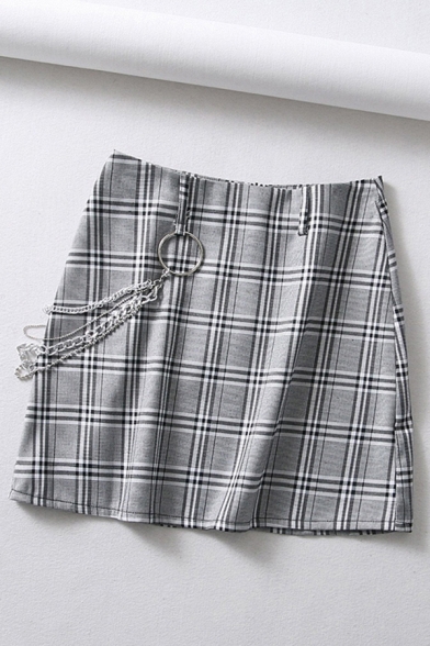 Womens Skirt Stylish Houndstooth Pattern Chain Embellished High Waist Mini Bodycon Skirt